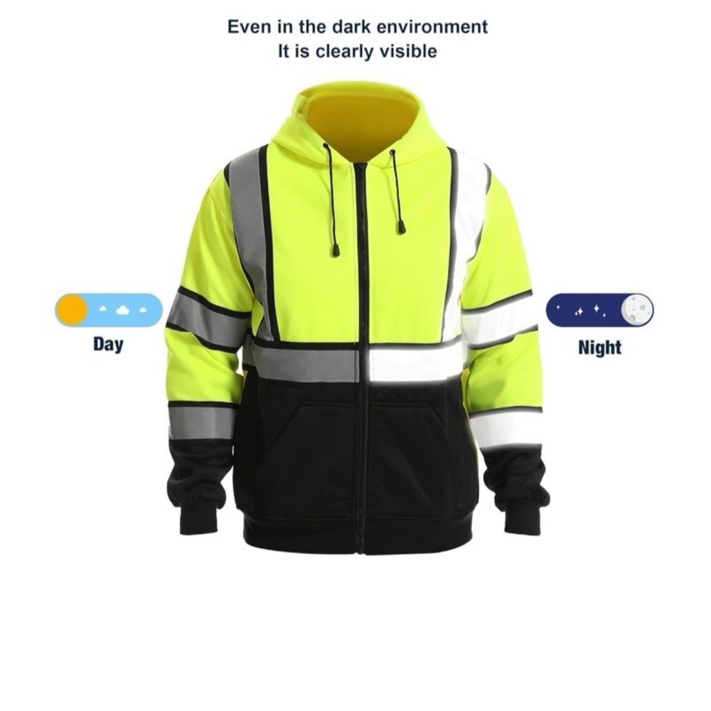 HIGH VISI CLASS 3 REFLECTIVE HOODED ZIP UP SAFETY FLEECE SWEATSHIRT HOODIE 4XL - Picture 6 of 8